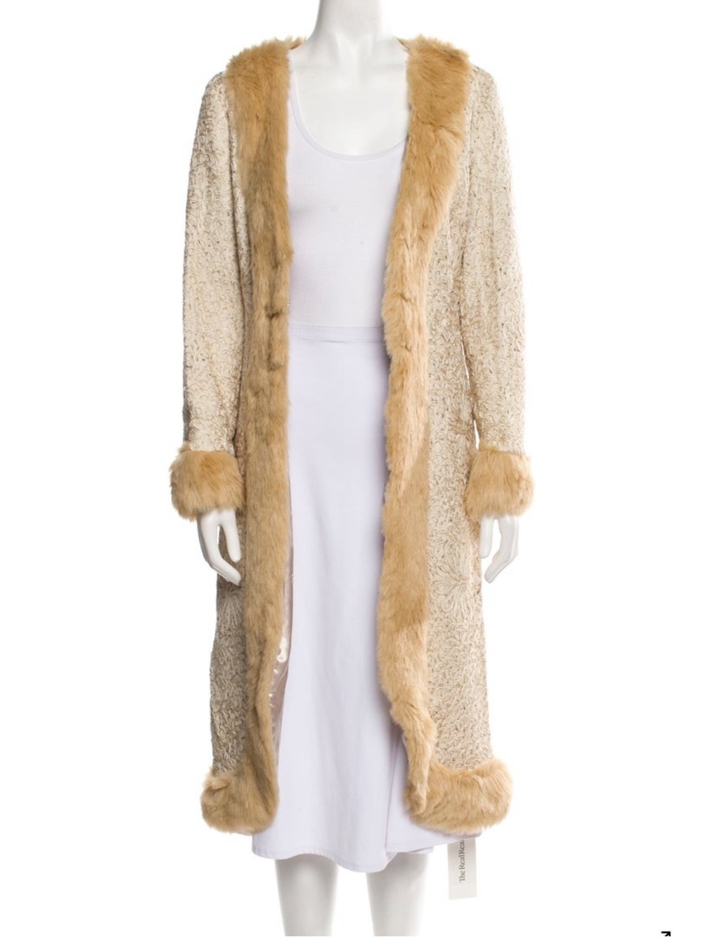 Vintage Sue Wong Cream Faux Fur Trim Coat with Blush Pink Satin-Lining